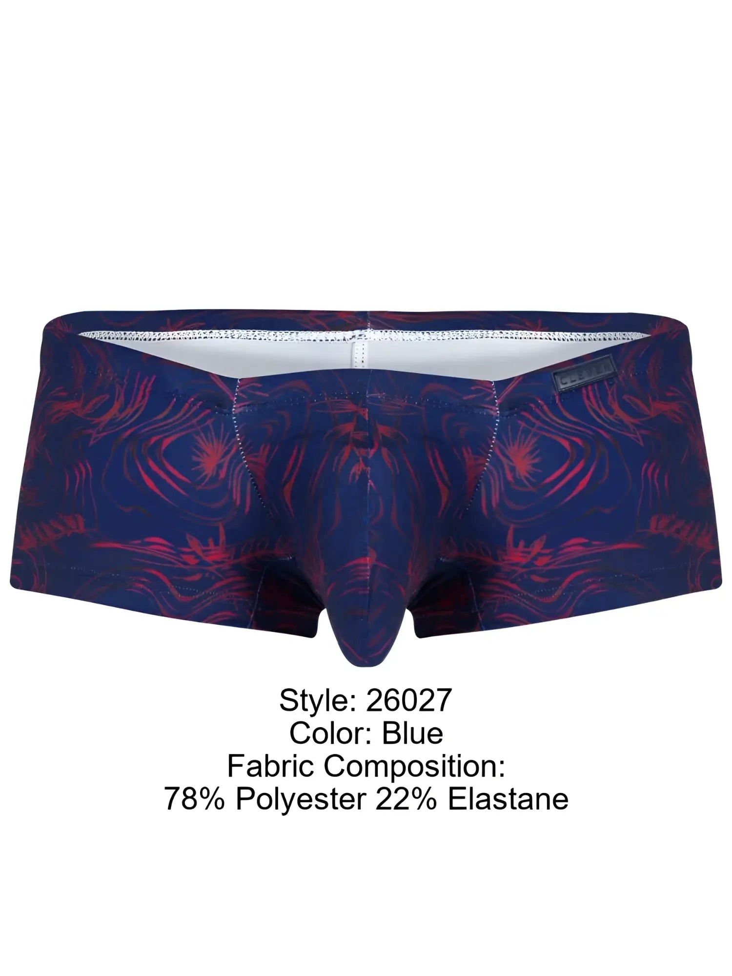 Blue boxer briefs with vibrant red and navy abstract floral pattern made of 78% polyester and 22% elastane by Clever