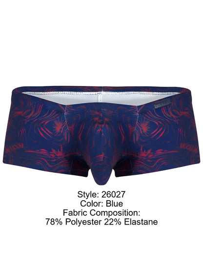 Blue boxer briefs with vibrant red and navy abstract floral pattern made of 78% polyester and 22% elastane by Clever