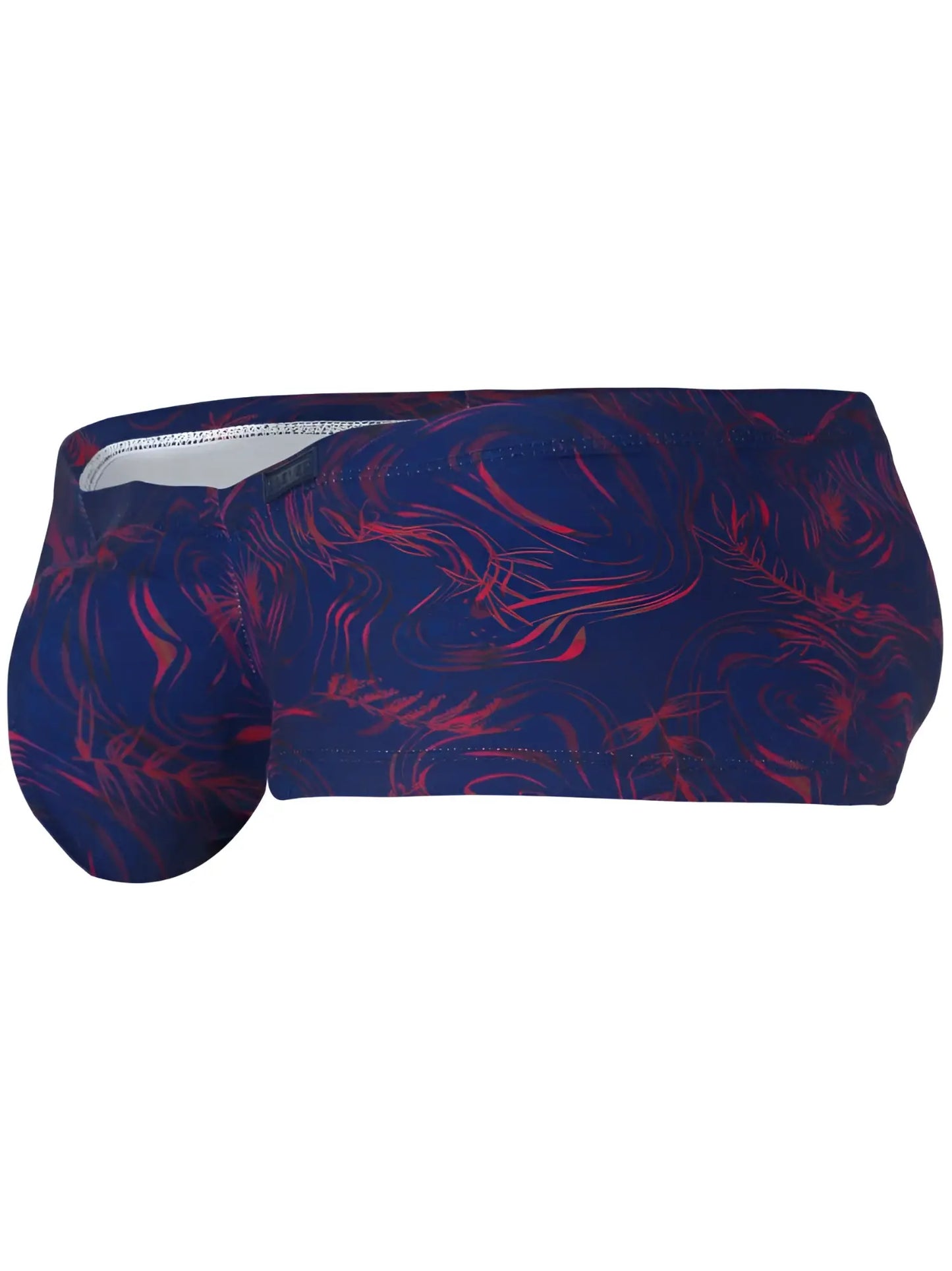 A navy blue and red abstract patterned headband with soft stretchy fabric for dynamic comfort and bold style