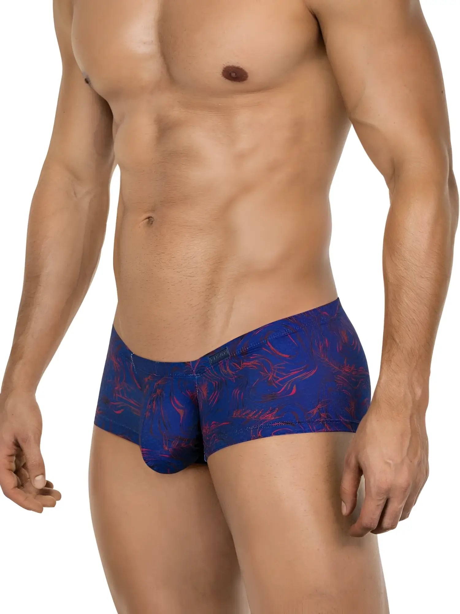 Men’s briefs with blue and red tropical leaf pattern clever 26027 helion trunks for dynamic comfort and bold style