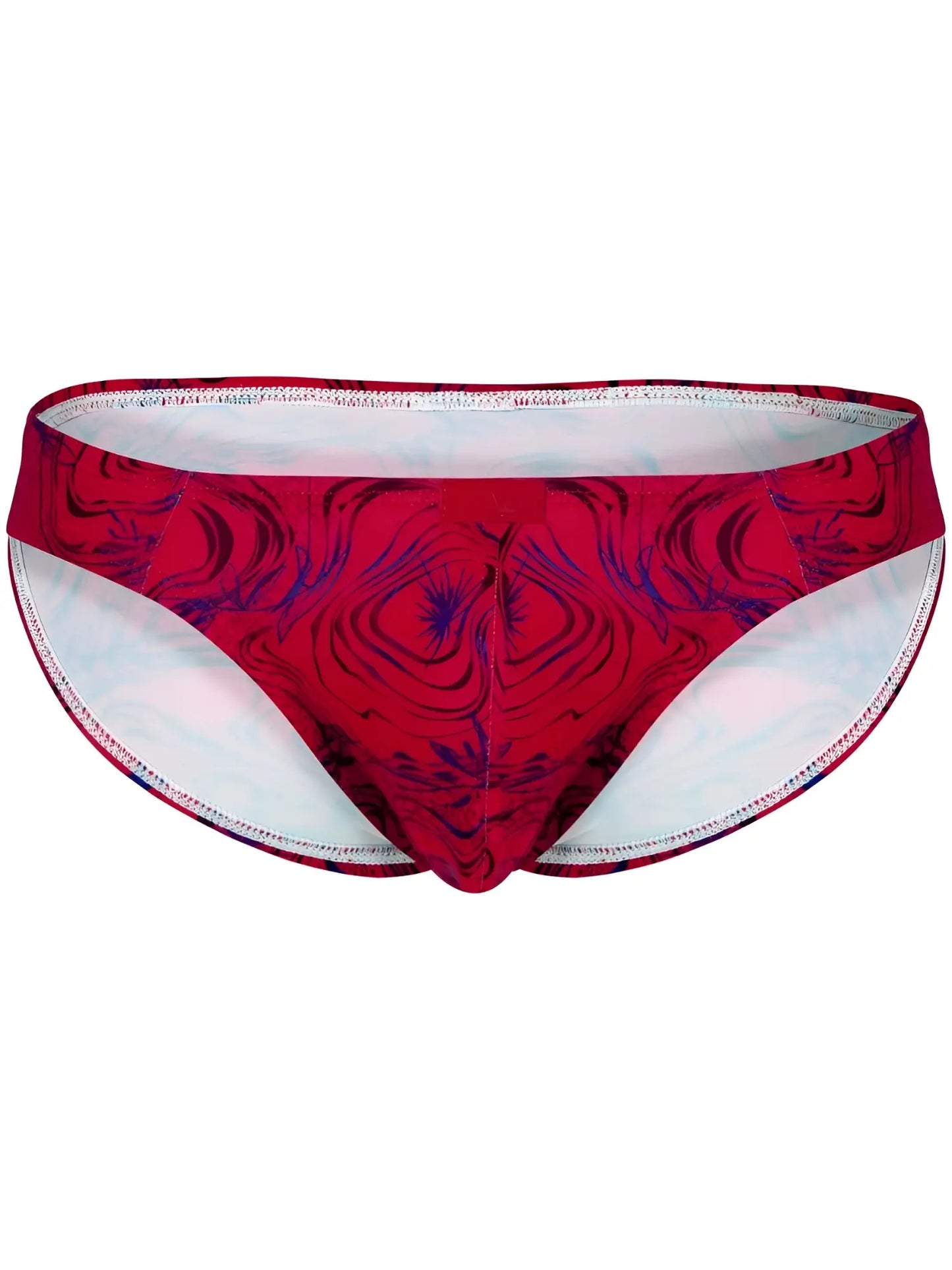 Bold and vibrant clever 26028 helion bikini in red with red and purple patterned swim trunks and white lining