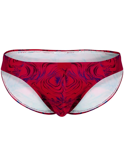 Bold and vibrant clever 26028 helion bikini in red with red and purple patterned swim trunks and white lining