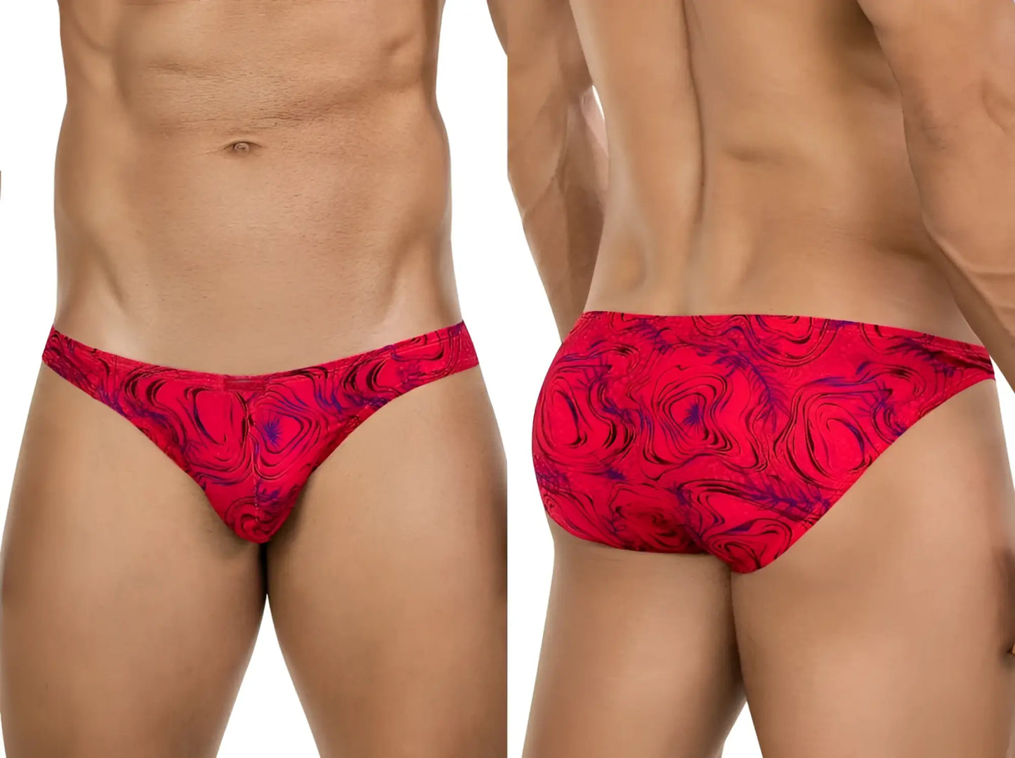 Vibrant red and purple marbled clever 26028 helion bikini swim trunks with a sleek form-fitting design