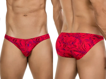 Vibrant red and purple marbled clever 26028 helion bikini swim trunks with a sleek form-fitting design