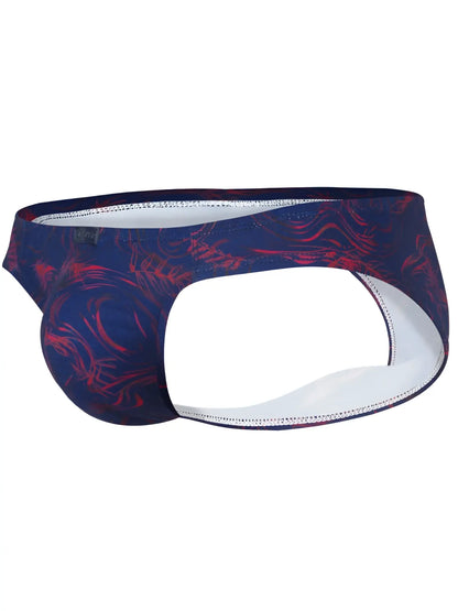 Clever 26029 helion bikini men’s briefs in vibrant blue with dark blue and red abstract pattern and white interior lining