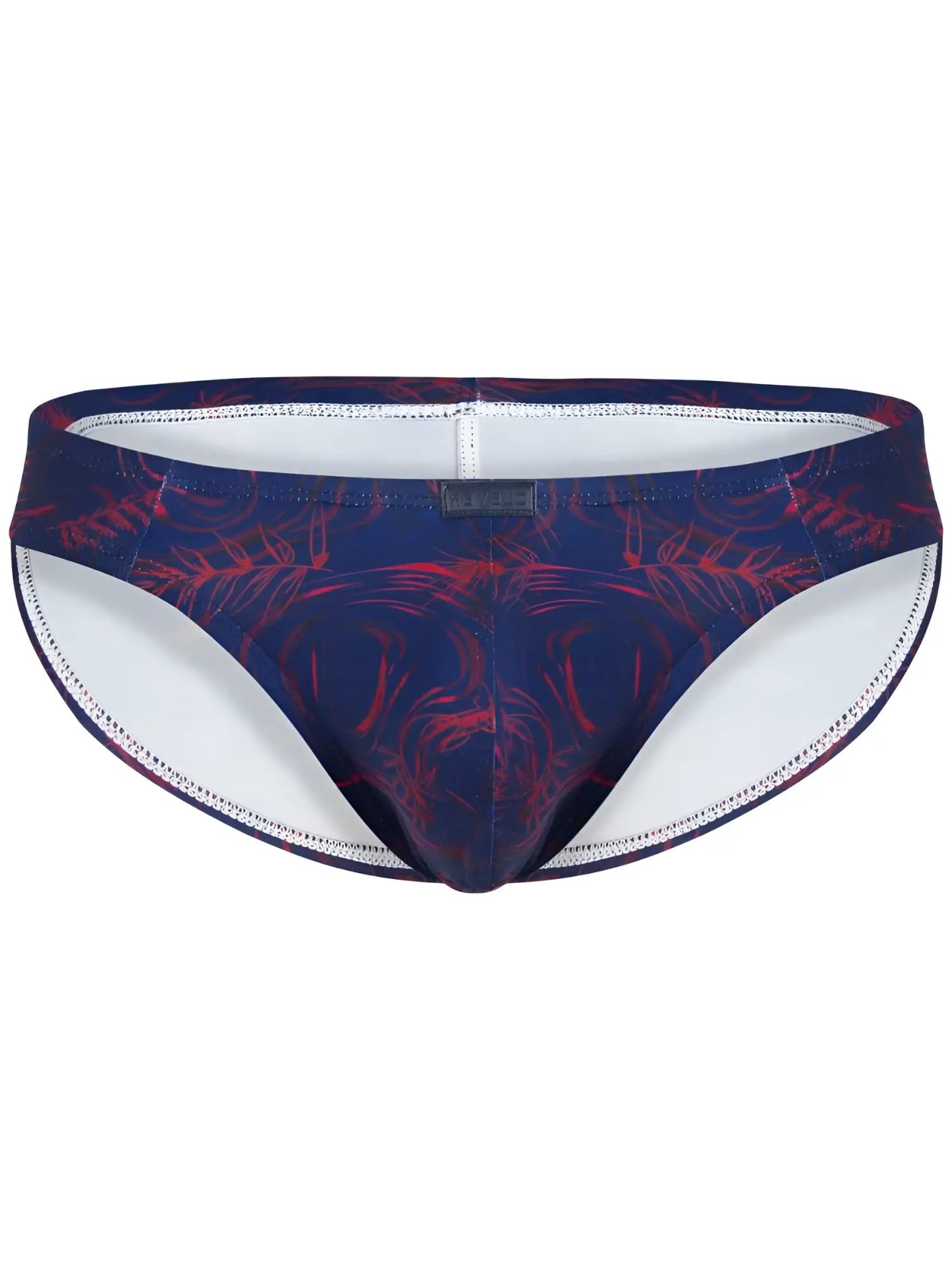 Navy blue and red tropical leaf patterned swim trunks with white lining from Clever 26029 Helion Bikini vibrant blue