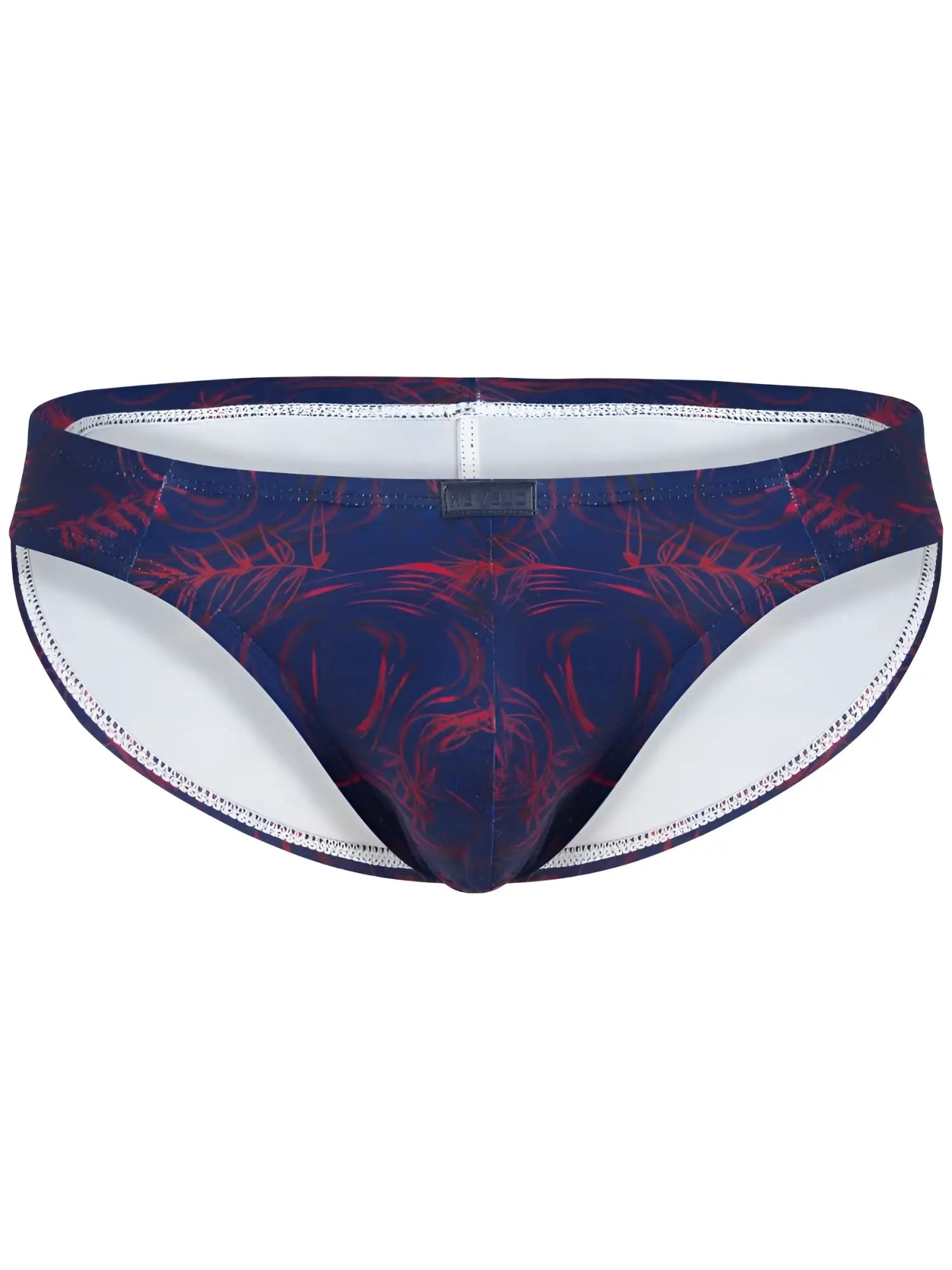 Navy blue and red tropical leaf patterned swim trunks with white lining from Clever 26029 Helion Bikini vibrant blue