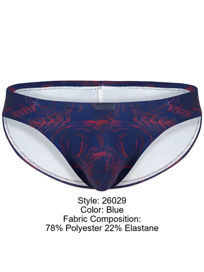 Clever 26029 helion bikini vibrant blue swim trunks with dark navy base red abstract designs and white lining