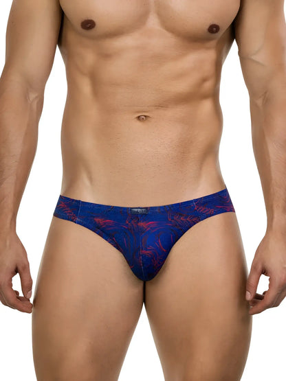 Blue and red tropical leaf-patterned men’s briefs.