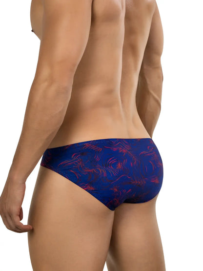 Men’s clever 26029 helion bikini briefs with vibrant blue and red tropical leaf pattern for comfortable wear