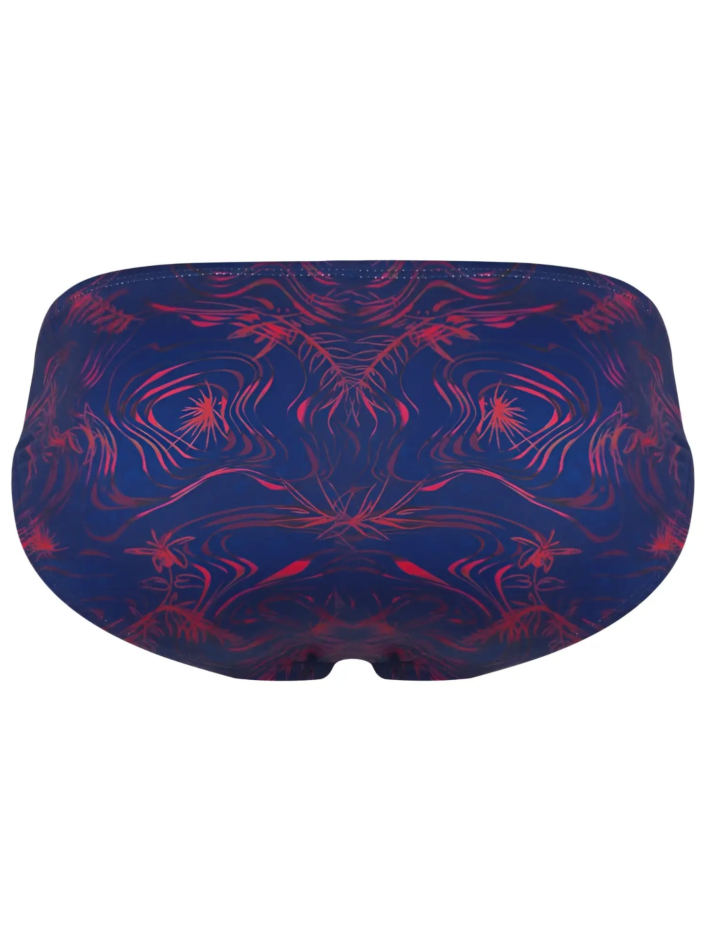 Blue clever 26029 helion bikini swim trunks with vibrant red abstract pattern designed for beachwear