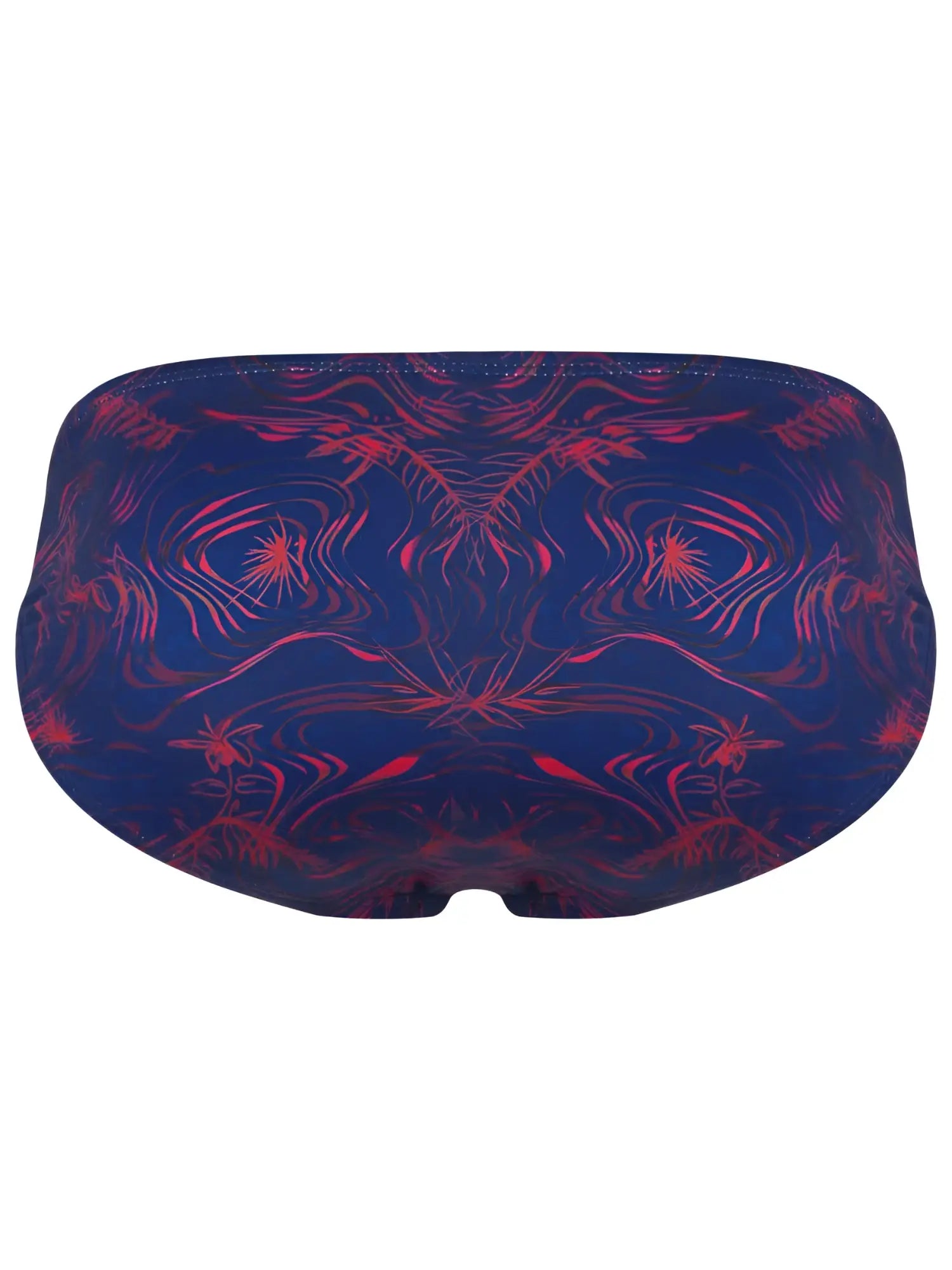 Blue clever 26029 helion bikini swim trunks with vibrant red abstract pattern designed for beachwear