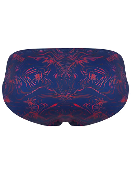 Blue clever 26029 helion bikini swim trunks with vibrant red abstract pattern designed for beachwear