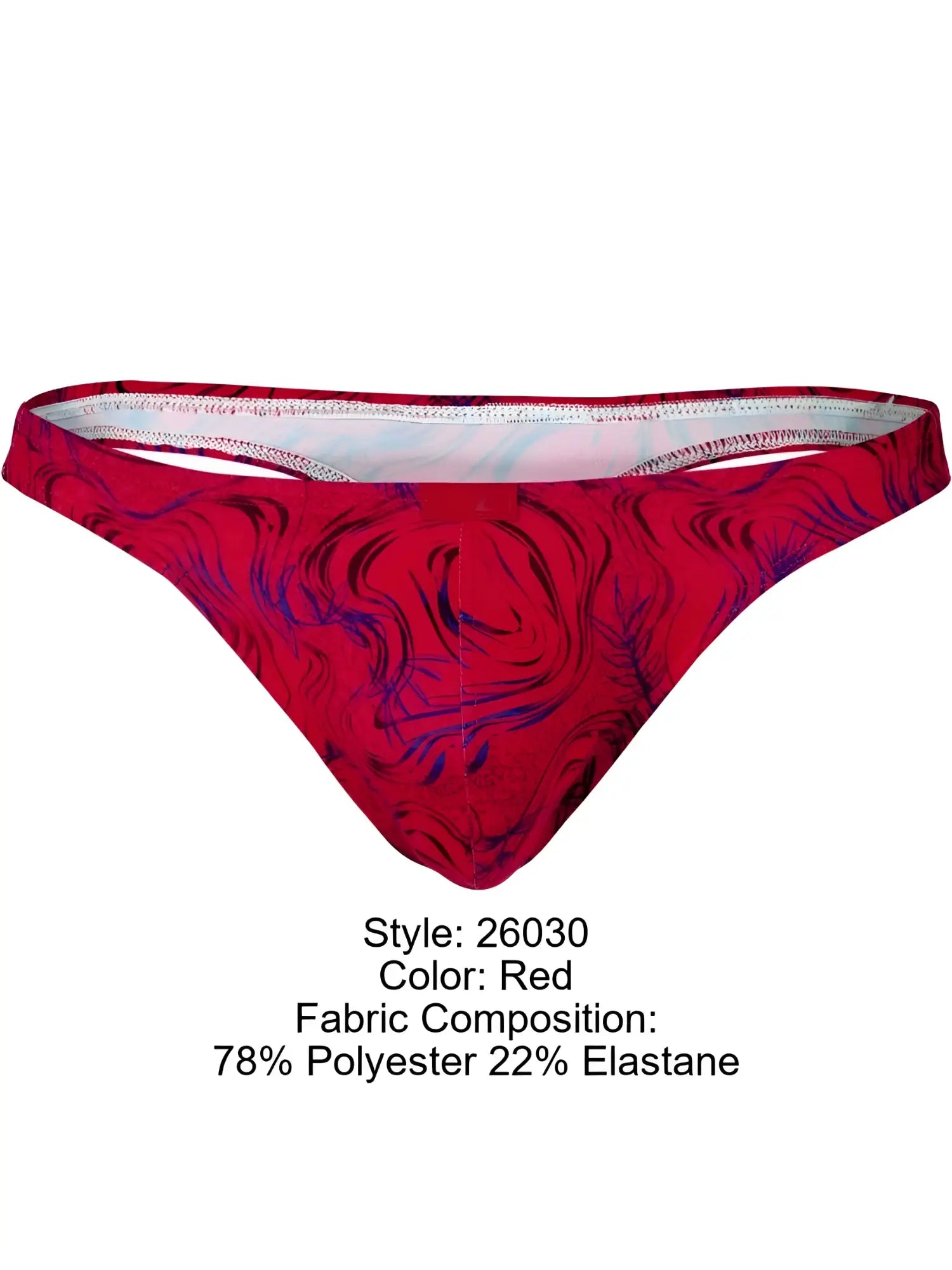 Red clever 26030 helion thong with swirling purple and black pattern made of 78% polyester and 22% elastane