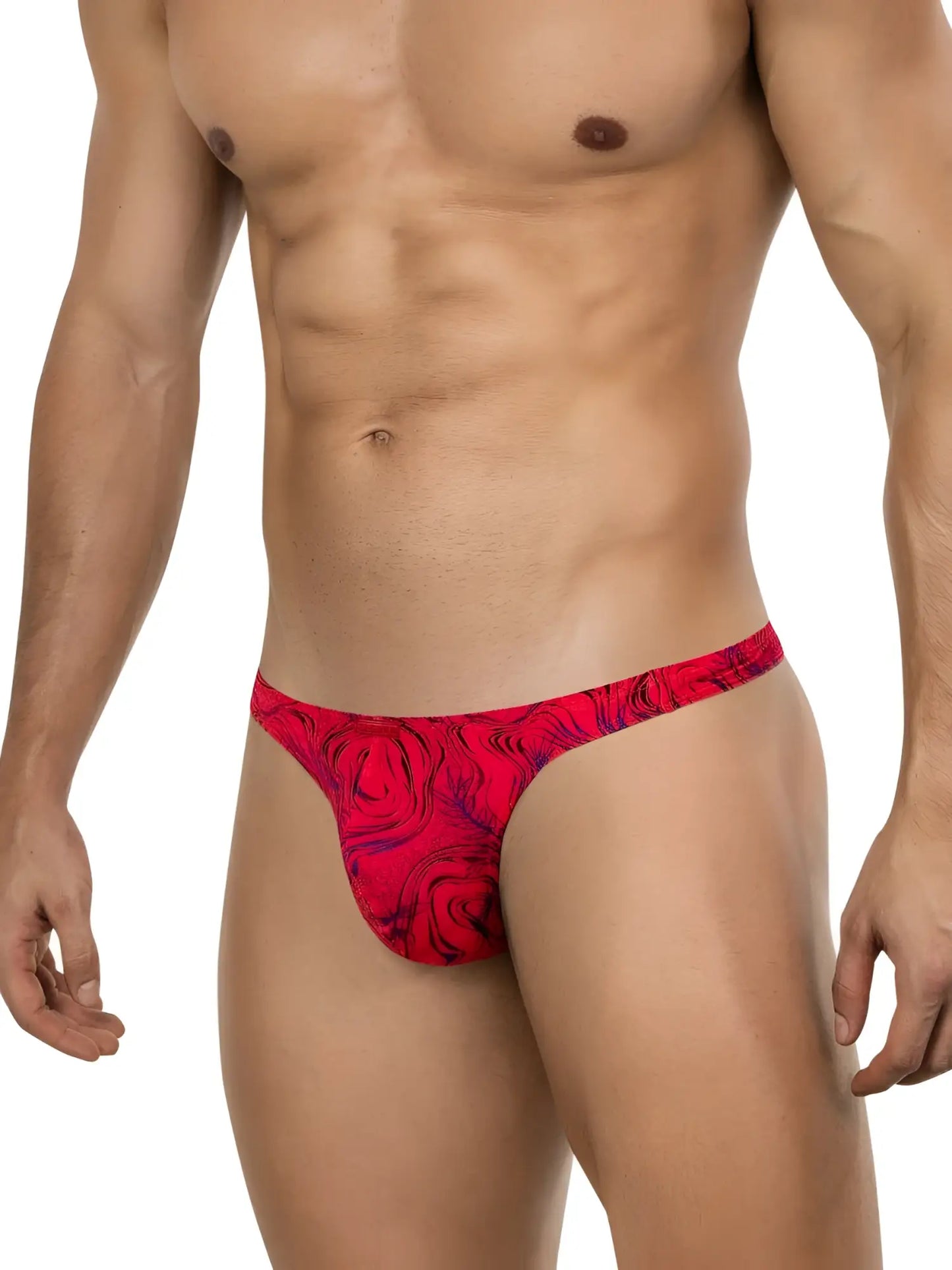 Red Clever 26030 Helion thong with a bold swirling rose pattern in darker red and purple hues visible from the back side