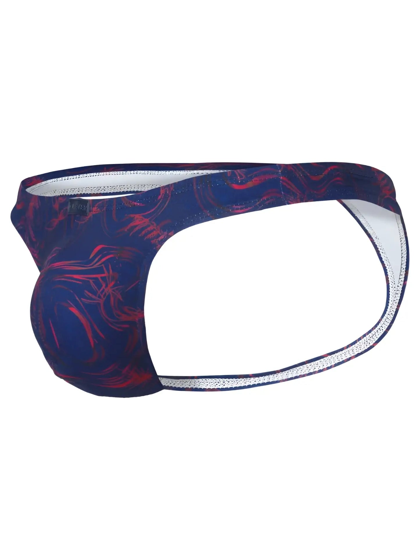 Dark blue and red abstract patterned men’s briefs with white trim offering sophisticated style and ultimate comfort