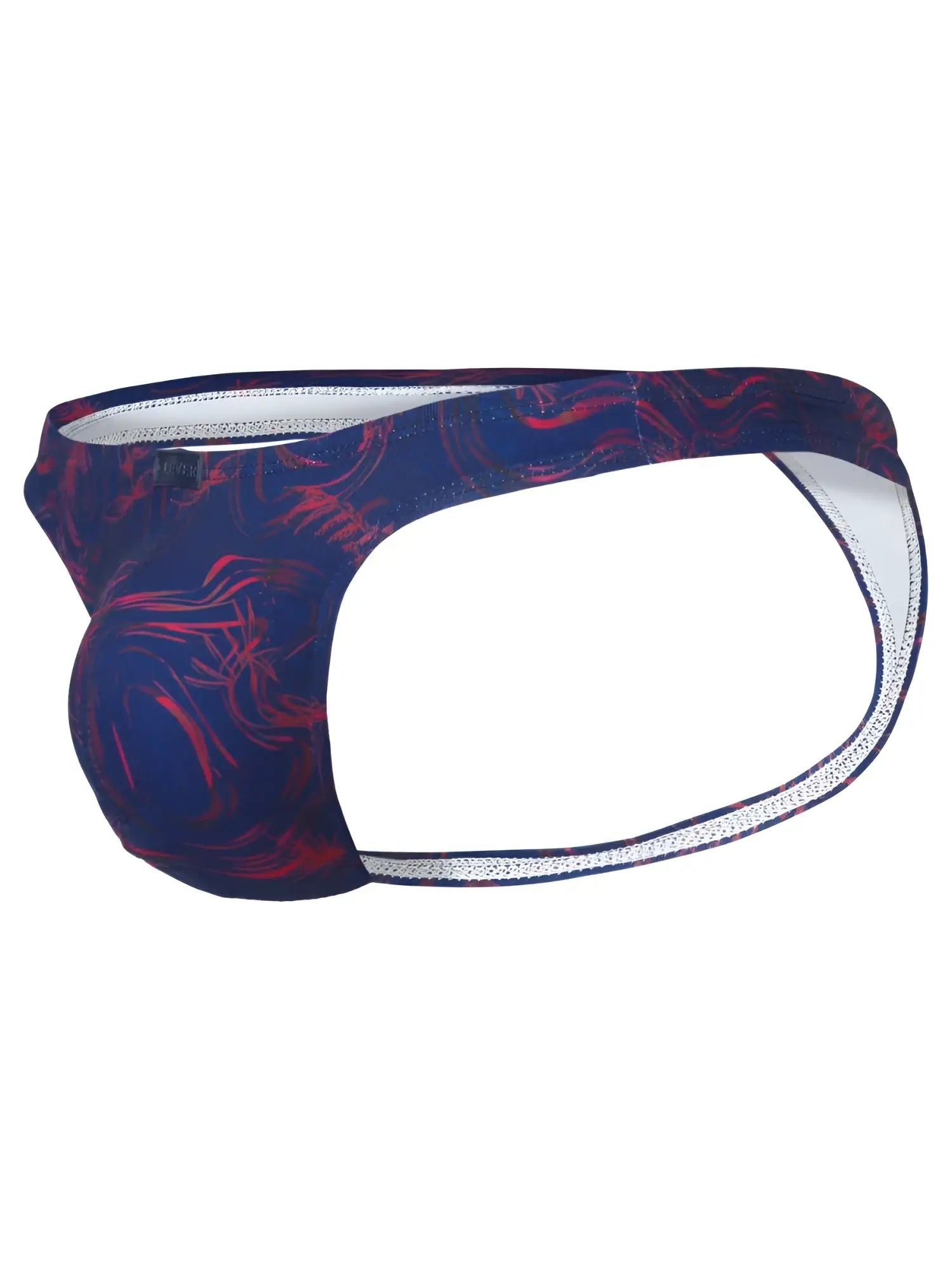 Dark blue and red abstract patterned men’s briefs with white trim offering sophisticated style and ultimate comfort