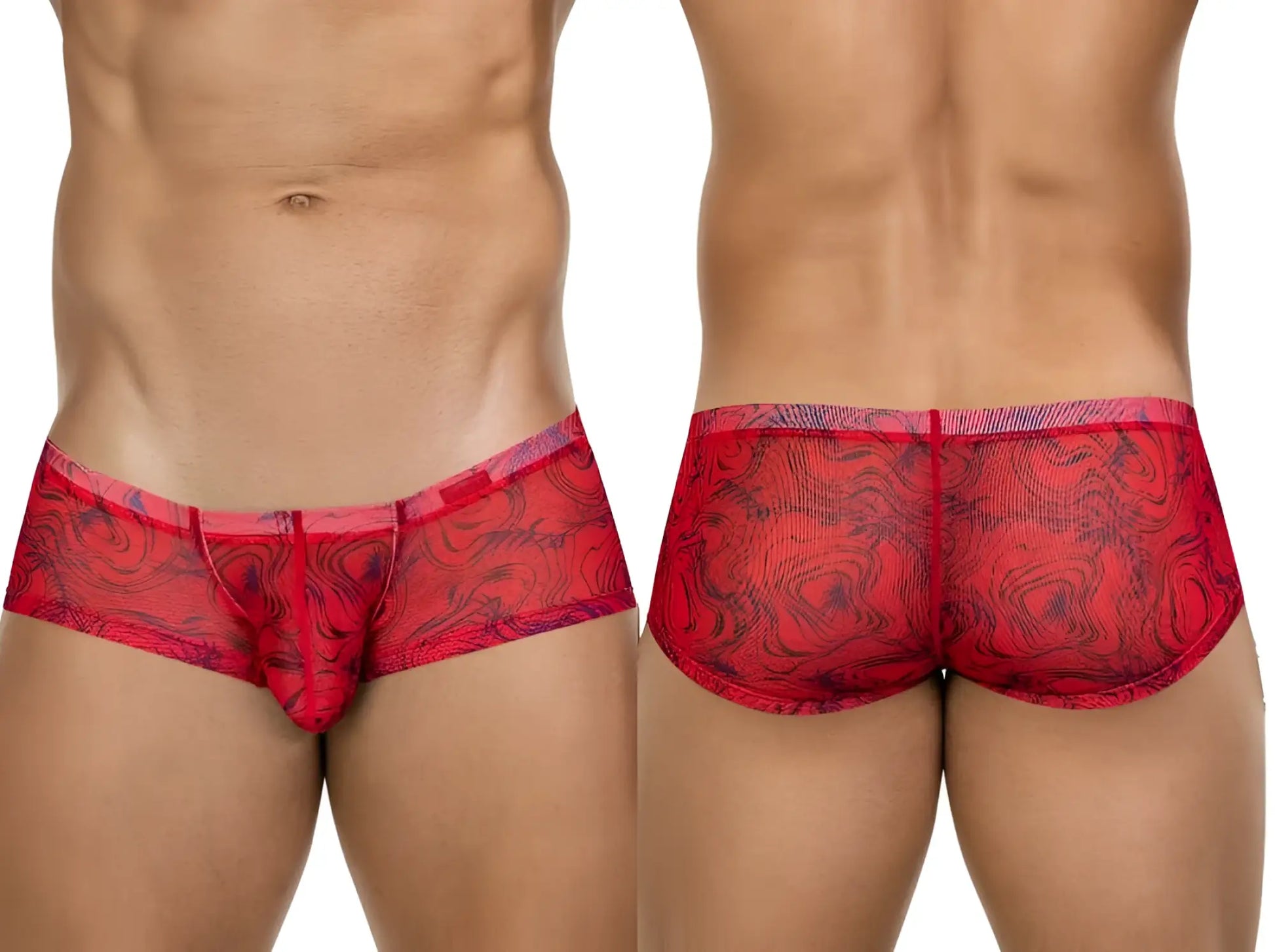 Red lace briefs with swirling dark pattern and matching elastic waistband from Clever 26032 Calipso trunks in red
