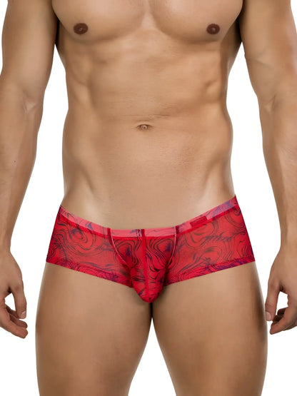 Red sheer briefs with black swirling pattern and purple trim from clever 26032 calipso trunks for bold sophistication