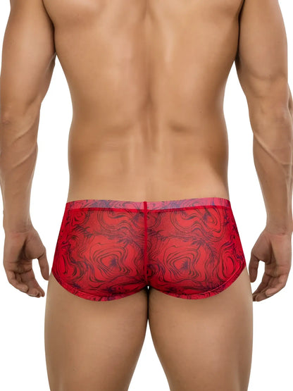 Red sheer brief trunks with black swirling pattern from clever 26032 calipso collection for bold sophistication