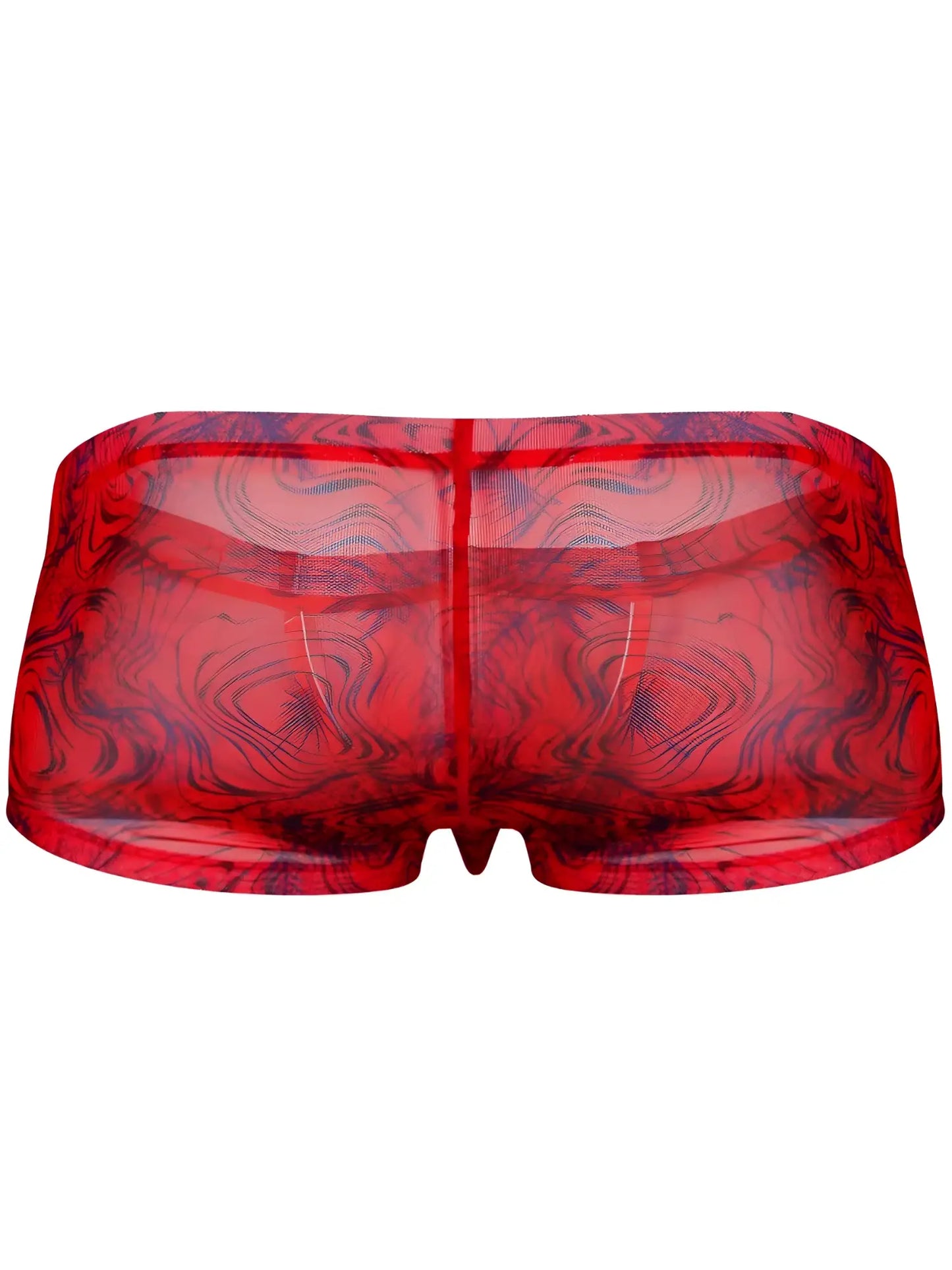 Red sheer mesh briefs with swirling dark blue and black abstract pattern from clever 26032 calipso trunks collection