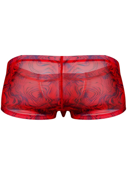 Red sheer mesh briefs with swirling dark blue and black abstract pattern from clever 26032 calipso trunks collection
