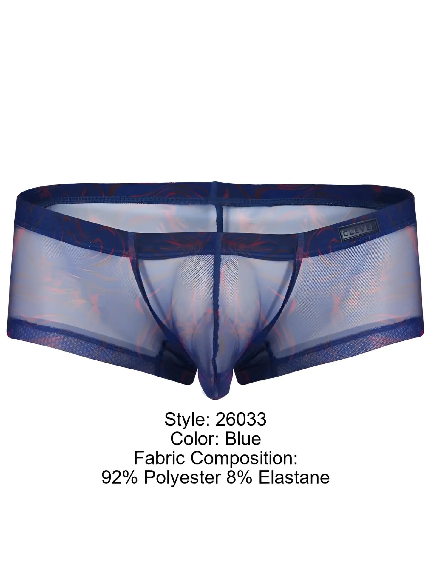 Blue clever 26033 calipso sheer mesh briefs with subtle red and pink floral pattern and elastic waistband