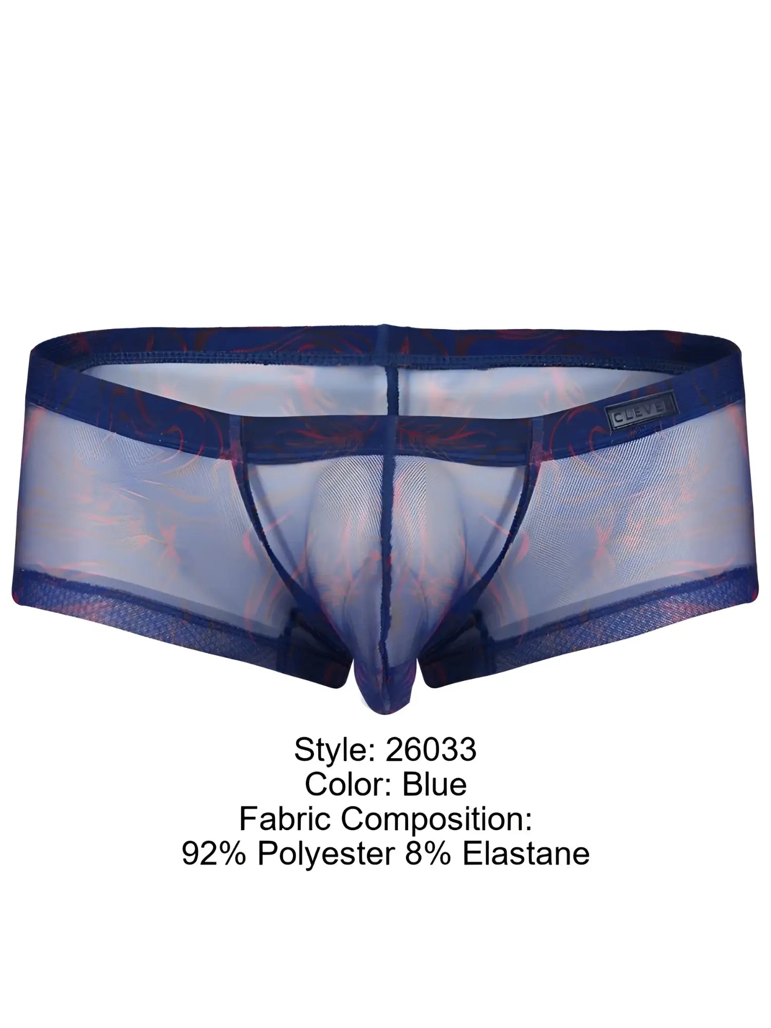 Blue clever 26033 calipso sheer mesh briefs with subtle red and pink floral pattern and elastic waistband