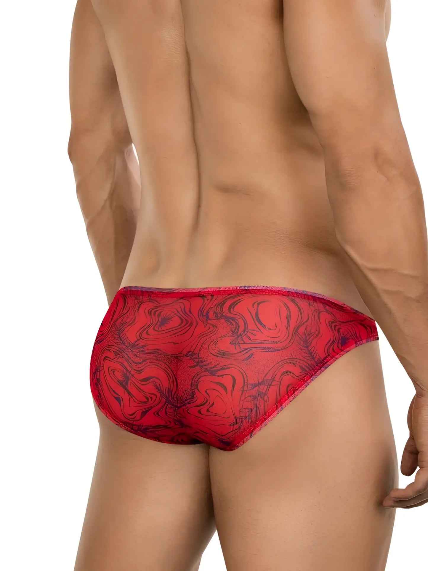 Clever 26034 calipso bikini men’s briefs in red with bold red and black marble pattern for modern bold elegance