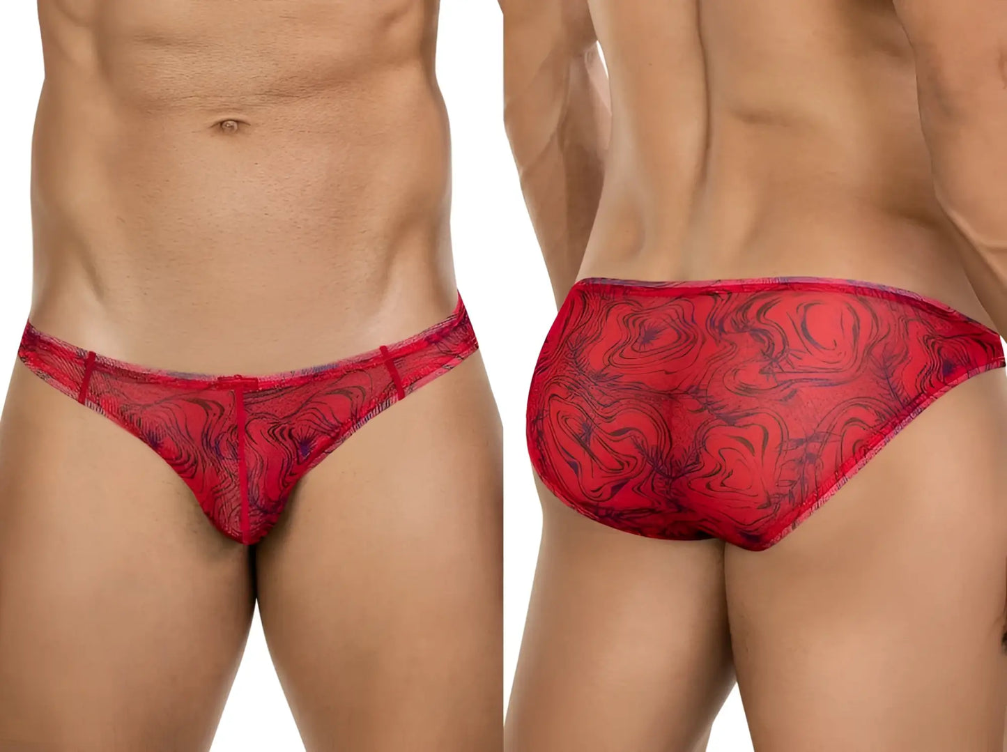 Red lace thong bikini with swirling black pattern from clever 26034 calipso in bold modern elegance style