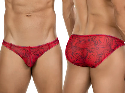 Red lace thong bikini with swirling black pattern from clever 26034 calipso in bold modern elegance style