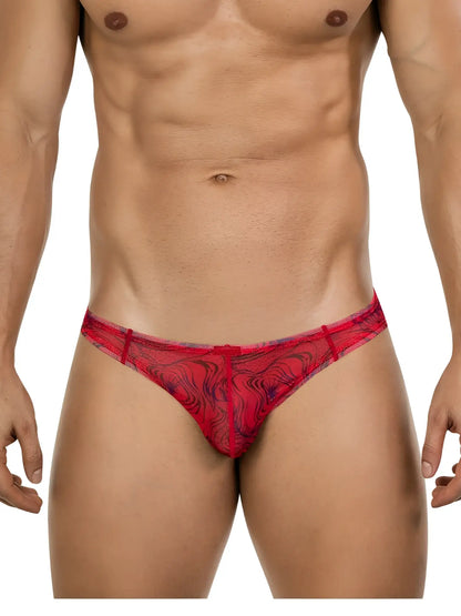 Red lace thong with swirling dark pattern from Clever 26034 Calipso bikini in bold modern red elegance