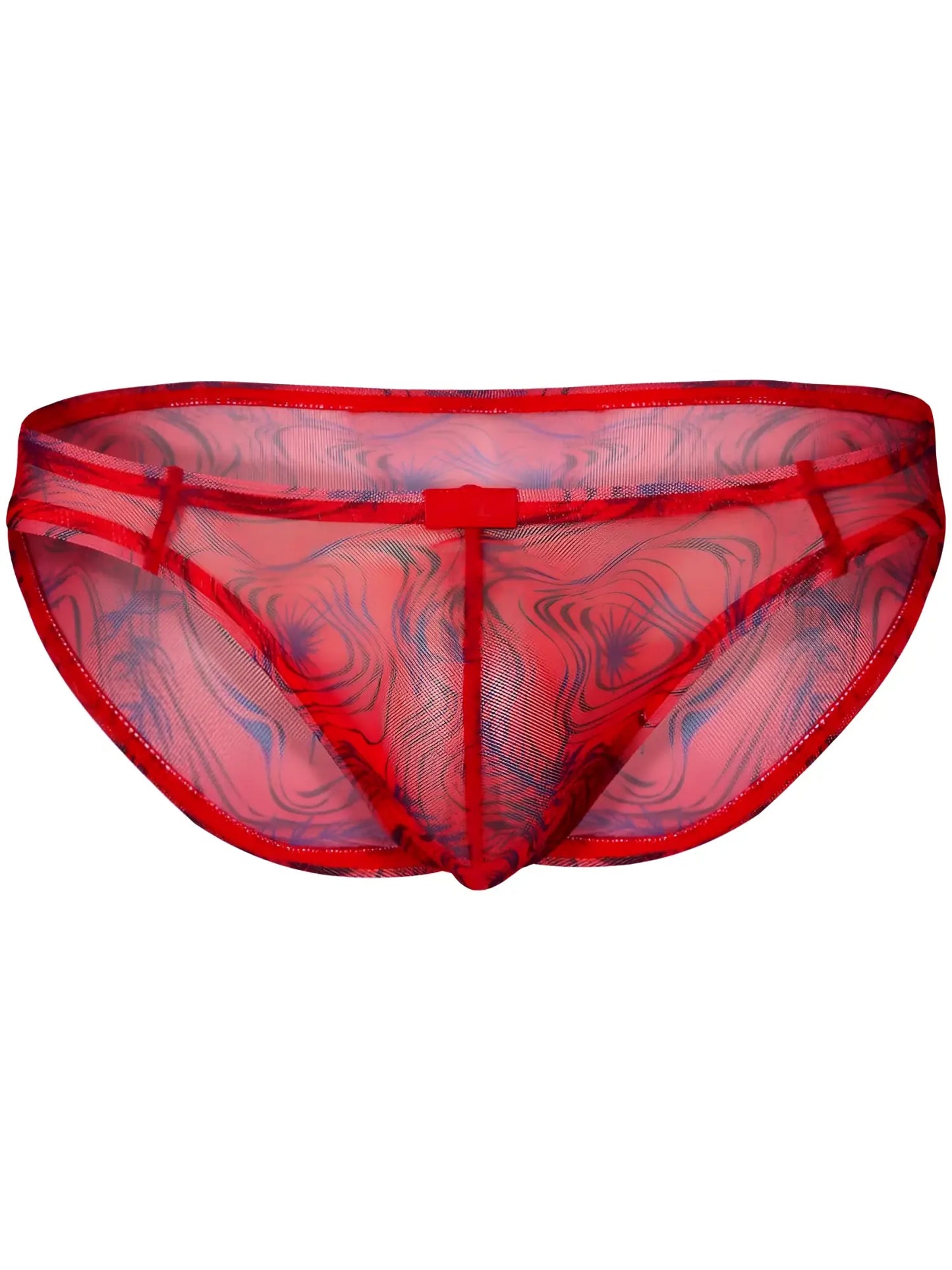 Red mesh briefs with swirling blue and black pattern from clever 26034 calipso bikini in bold modern elegance design