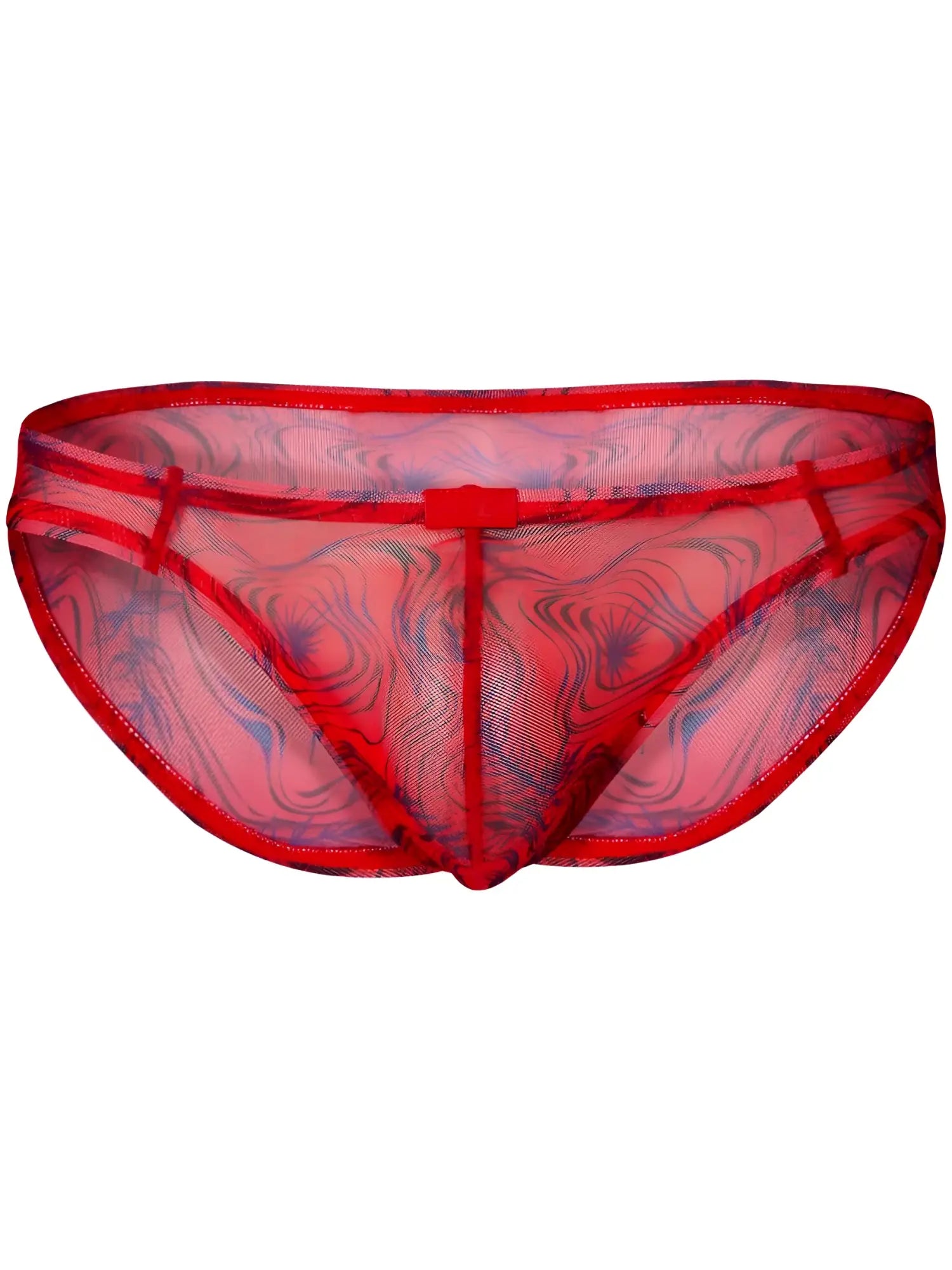 Red mesh briefs with swirling blue and black pattern from clever 26034 calipso bikini in bold modern elegance design