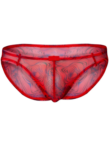 Red mesh briefs with swirling blue and black pattern from clever 26034 calipso bikini in bold modern elegance design