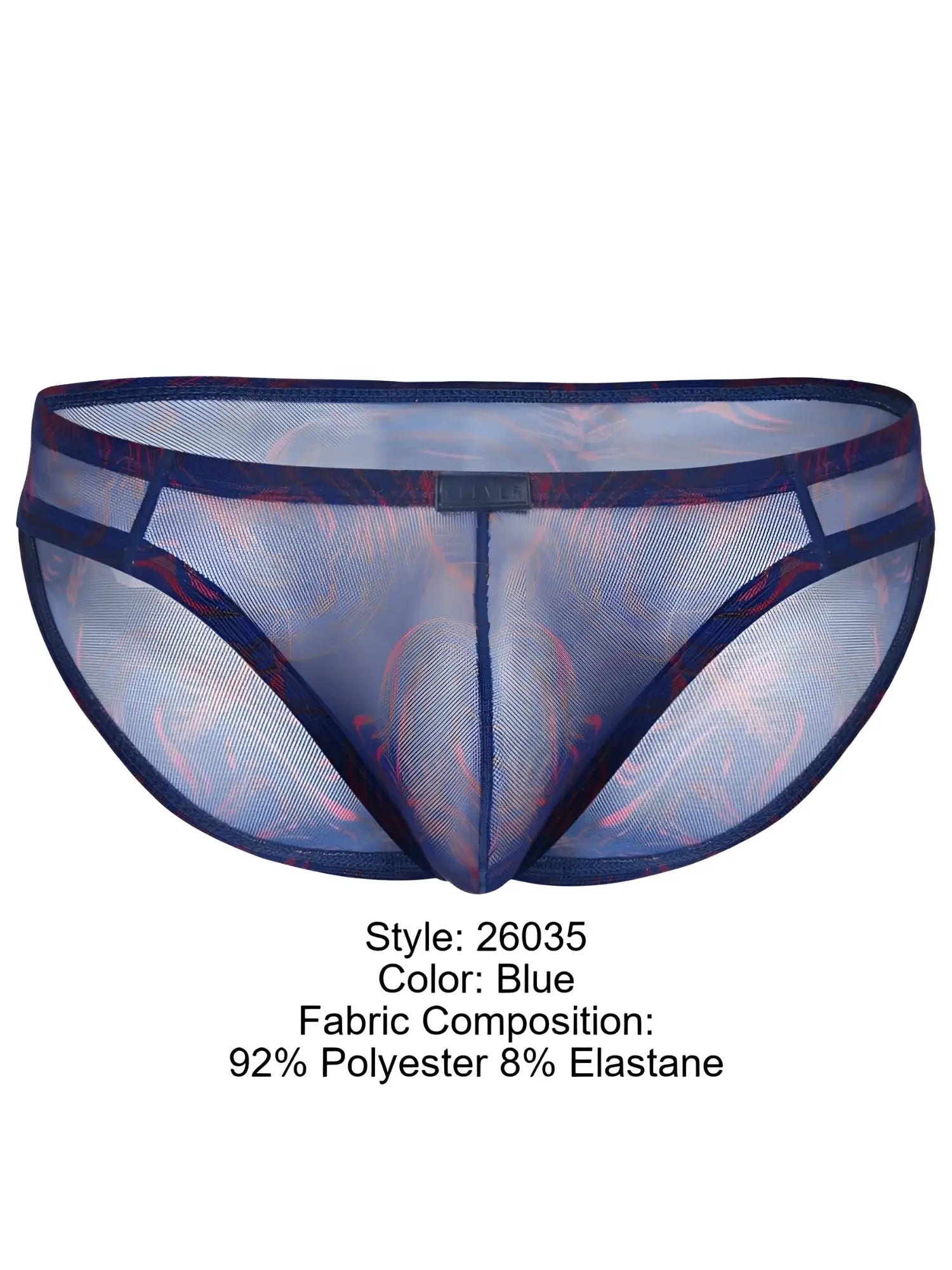 Blue sheer mesh briefs with red and purple floral pattern and dark blue trim from clever 26035 calipso bikini