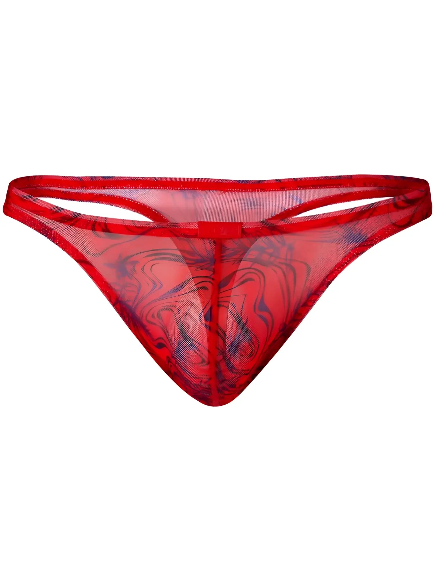 Red sheer mesh clever 26036 calipso thong with bold blue and black abstract swirl pattern for sleek sophisticated support