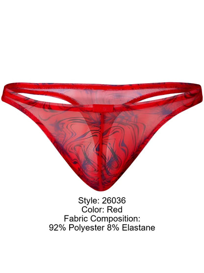 Red clever 26036 calipso thong in sheer mesh with a swirling blue pattern for sleek and sophisticated support