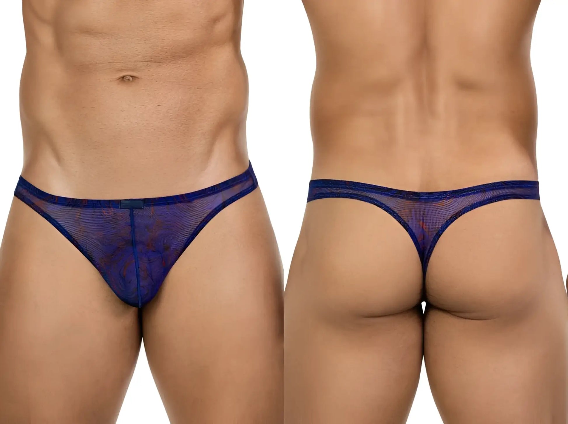 Navy blue sheer lace thong with subtle pattern and solid waistband from clever 26037 calipso collection