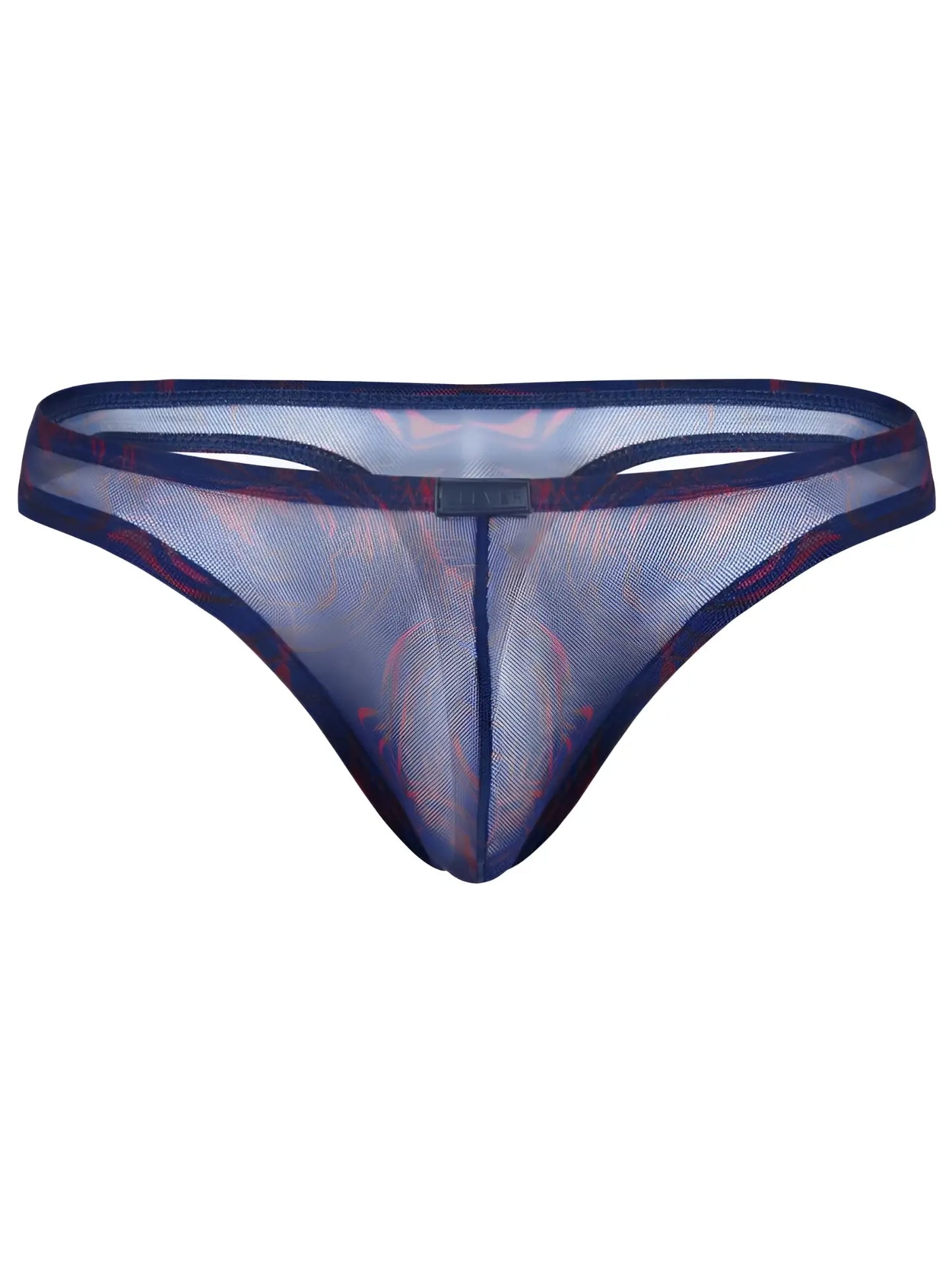 Navy blue sheer mesh thong with subtle red pattern and reinforced waistband from clever 26037 calipso thongs collection