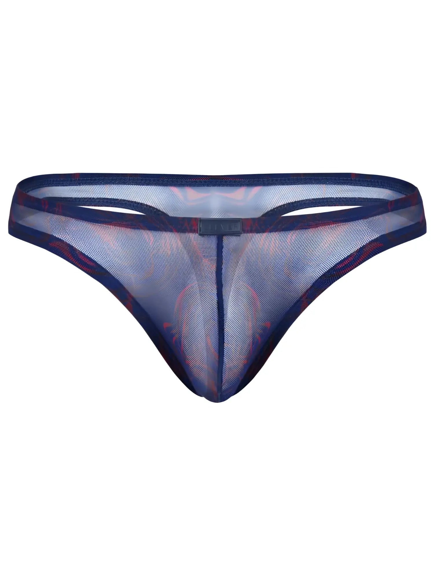 Navy blue sheer mesh thong with subtle red pattern and reinforced waistband from clever 26037 calipso thongs collection