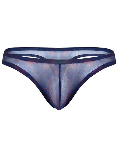 Navy blue sheer mesh thong with subtle red pattern and reinforced waistband from clever 26037 calipso thongs collection