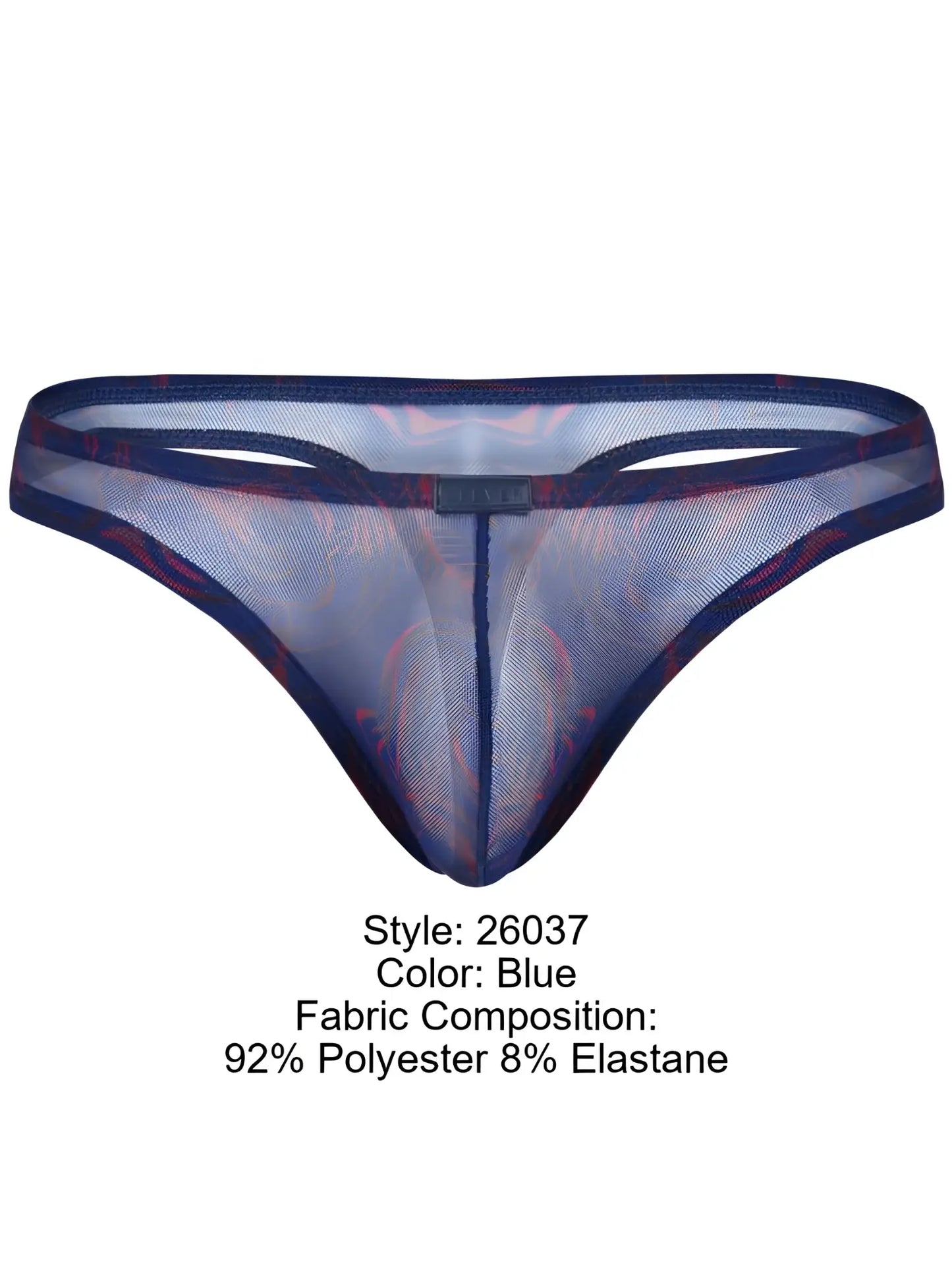 Blue sheer mesh thong with subtle red pattern and reinforced dark blue trim from Clever 26037 Calipso collection