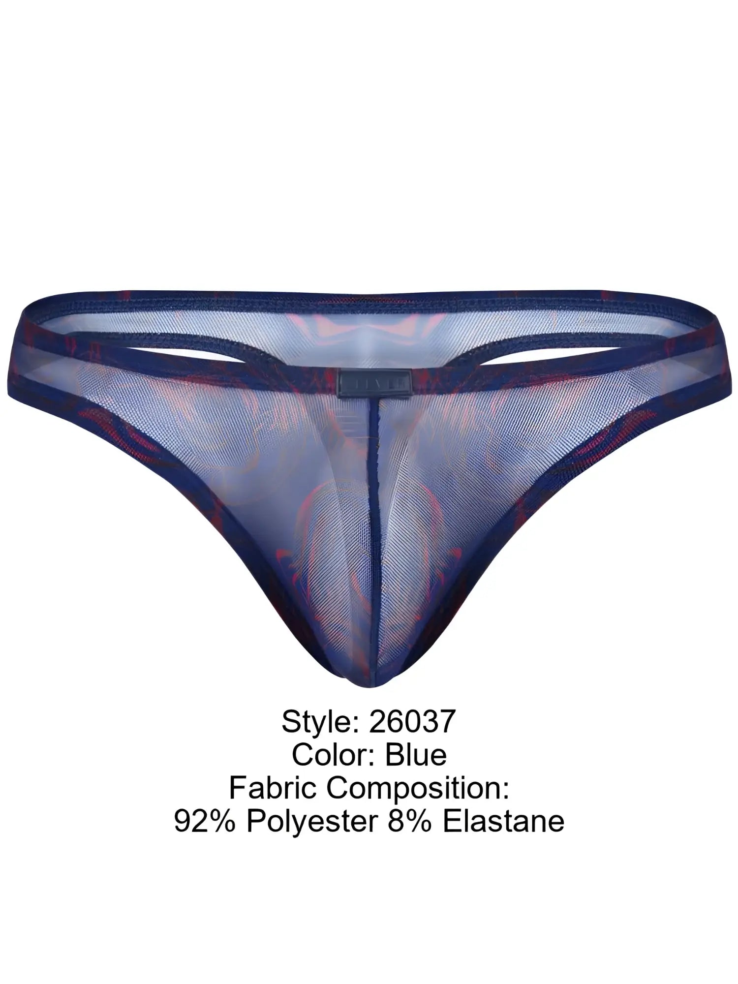 Blue sheer mesh thong with subtle red pattern and reinforced dark blue trim from Clever 26037 Calipso collection