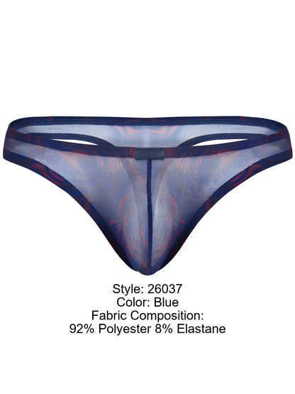 Blue sheer mesh thong with subtle red pattern and reinforced dark blue trim from Clever 26037 Calipso collection