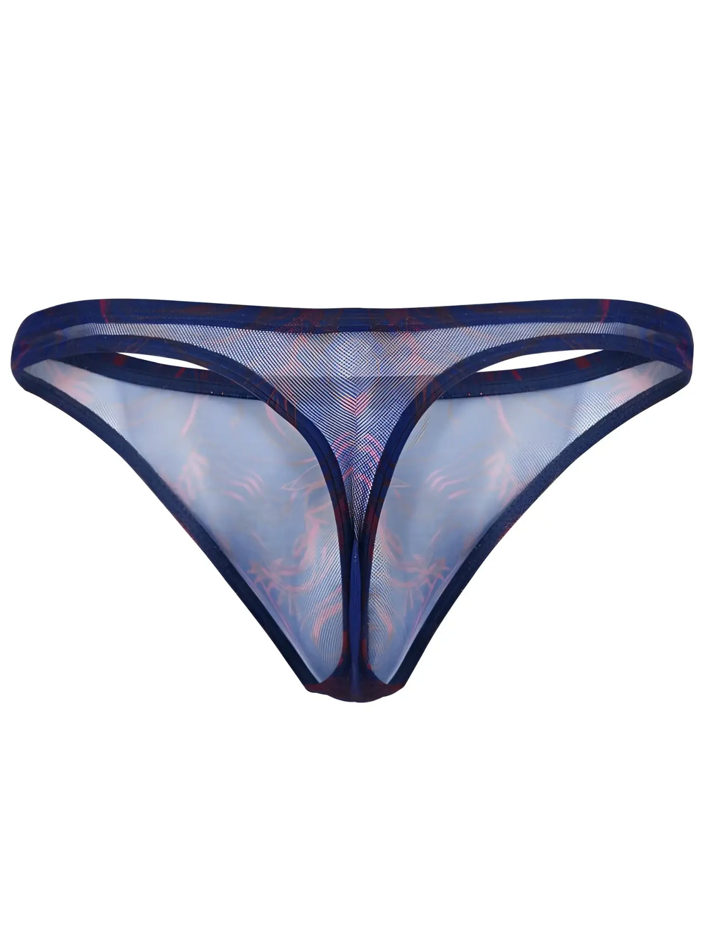 Blue sheer mesh thong with subtle pink and red pattern from clever 26037 calipso collection for bold sensuality