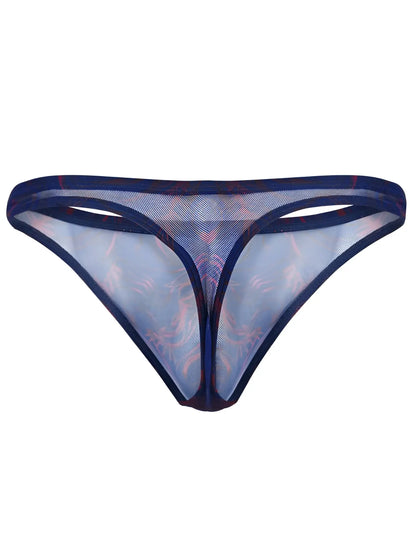 Blue sheer mesh thong with subtle pink and red pattern from clever 26037 calipso collection for bold sensuality