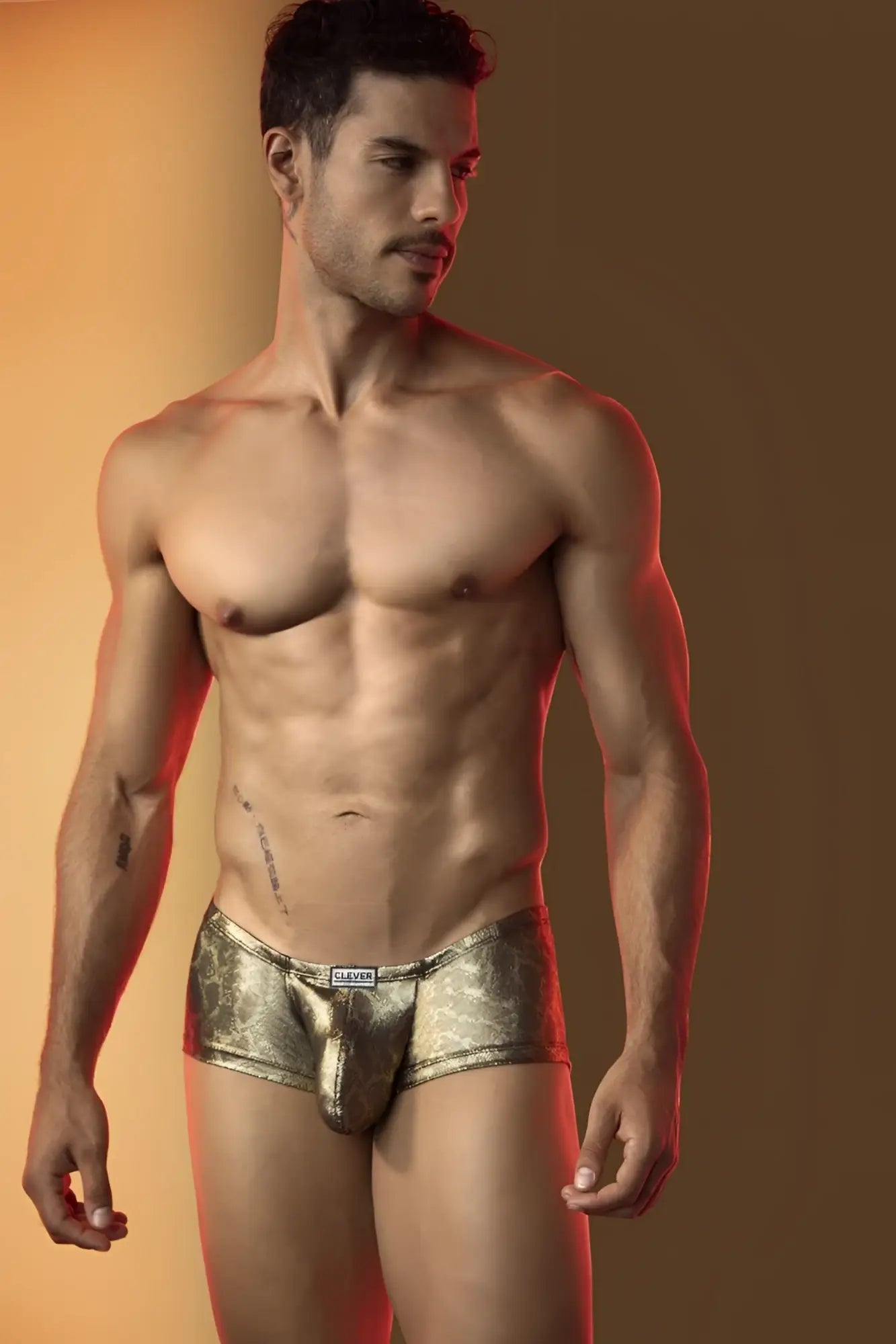 Gold metallic patterned men’s briefs with a ’clever’ brand label.