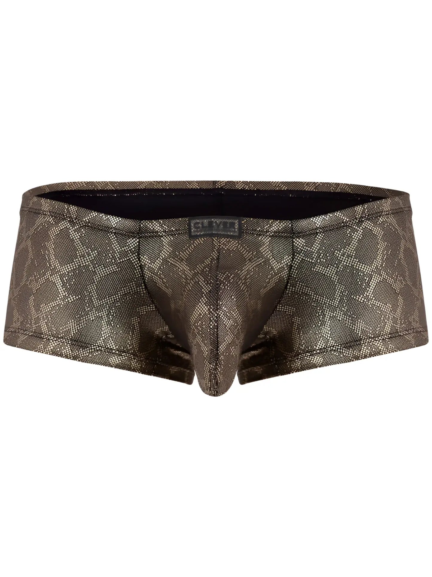 Bronze-colored clever 26042 atlas trunks with subtle metallic diamond pattern and black inner lining for men