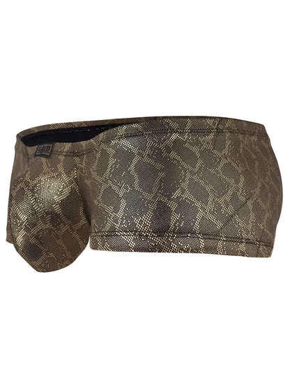 Olive green and gold snake-scale patterned clever 26042 atlas trunks with black lining for bold sophisticated style